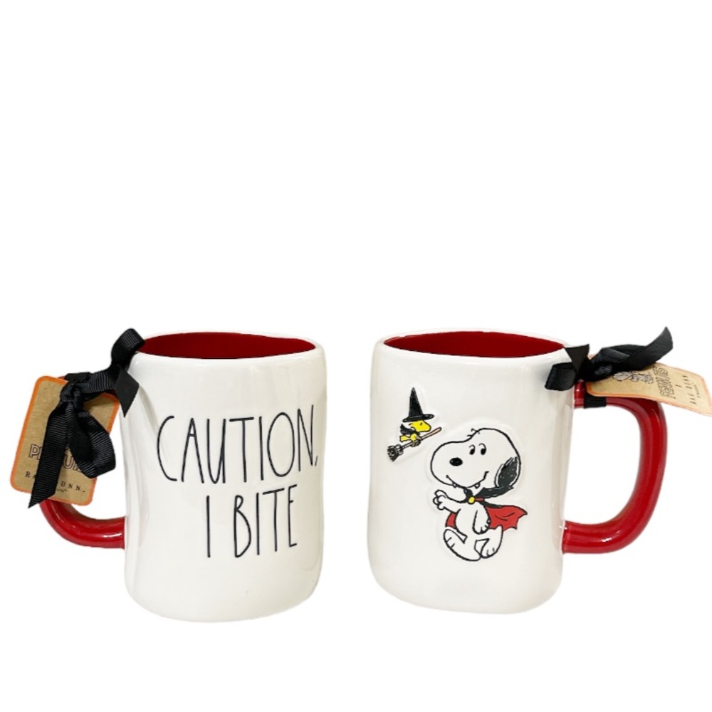 NEW Rae Dunn & Peanuts CAUTION, I BITE Snoopy and Woodstock Halloween Mug